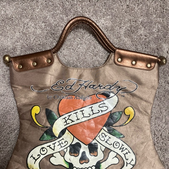 Vintage Y2K Ed Hardy Skull and Heart Tote - Brown and Orange - Picture 3 of 16